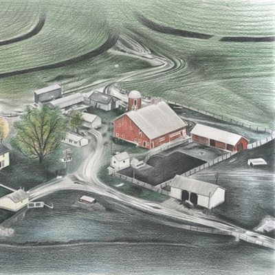 Hand Drawn Colored Pencil Portrait of A Farmland with Houses and Buildings and Fields,by myDaVinci - myDaVinci